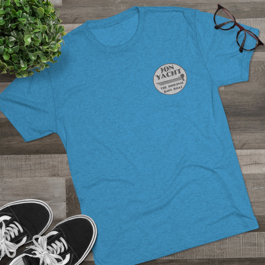 Blue tri-blend regular fit tee with "Jon Yacht The Original Bass Boat" logo.