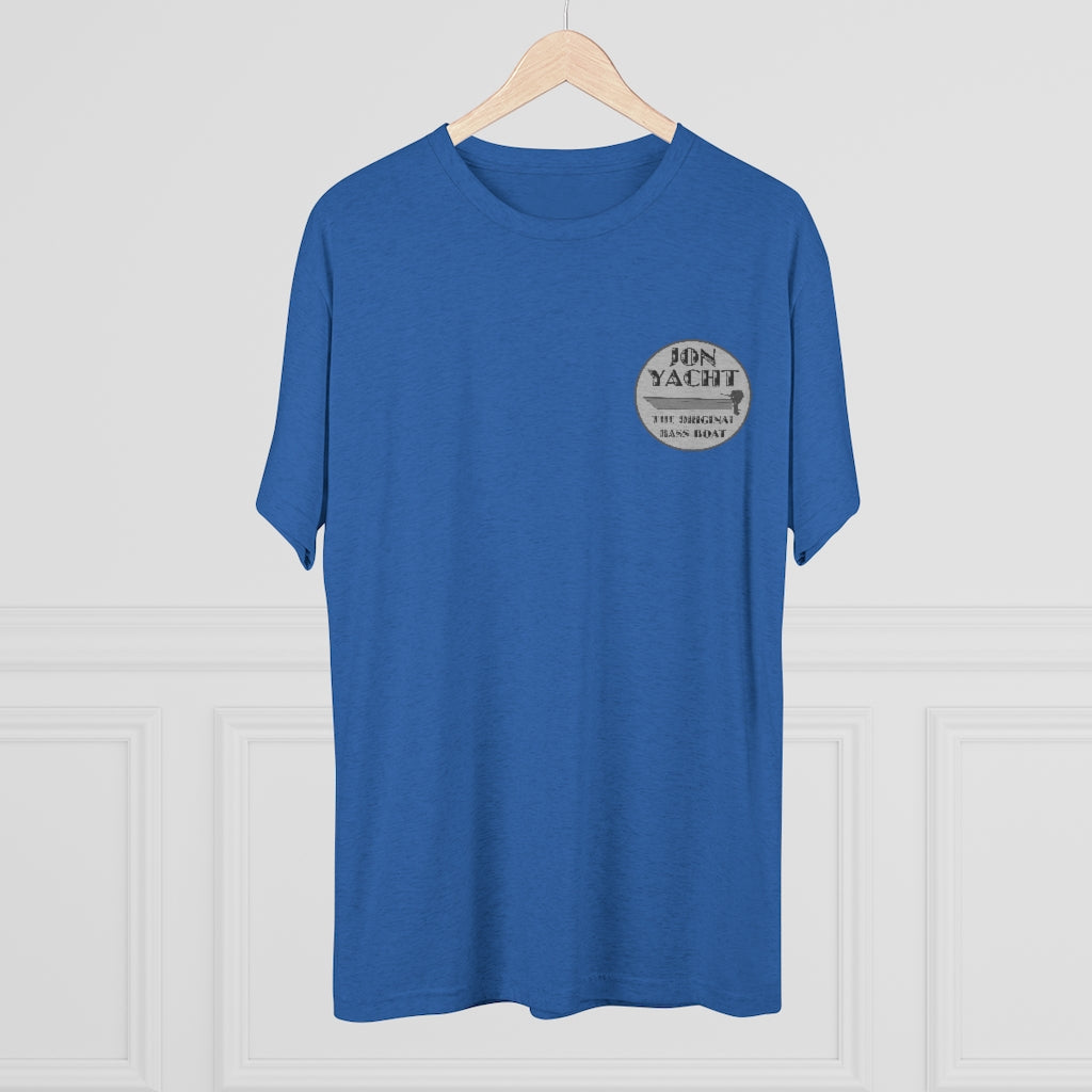 Blue tri-blend regular fit t-shirt with "Jon Yacht The Original Bass Boat" logo on the left chest.