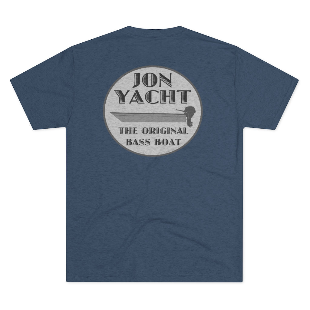 Navy blue tri-blend tee with "Jon Yacht The Original Bass Boat" graphic featuring a boat outline.