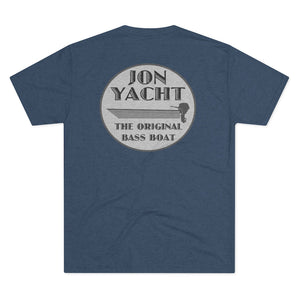 Navy blue tri-blend tee with "Jon Yacht The Original Bass Boat" graphic featuring a boat outline.