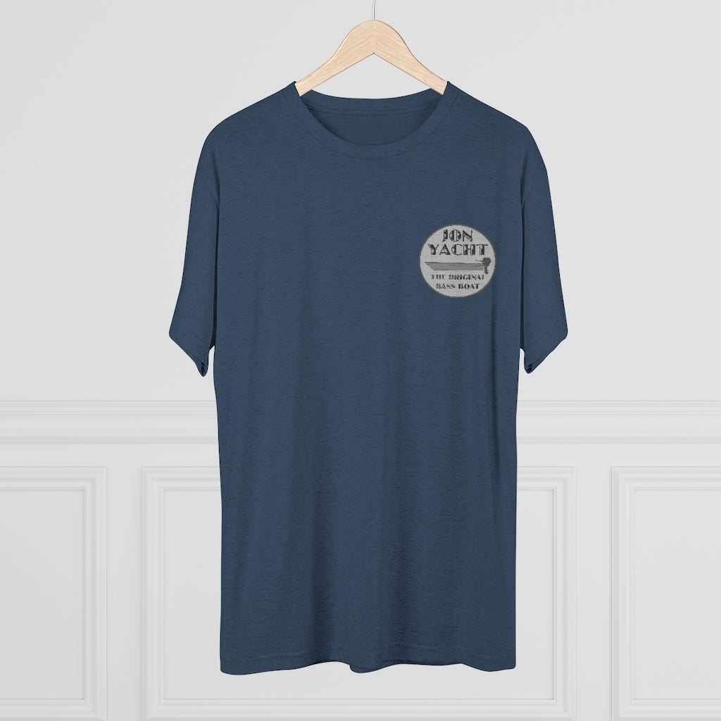 Navy blue tri-blend regular fit t-shirt with "Jon Yacht The Original Bass Boat" logo.