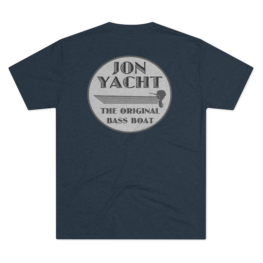 Dark navy tri-blend tee with "JON YACHT THE ORIGINAL BASS BOAT" graphic featuring a boat and outboard motor.