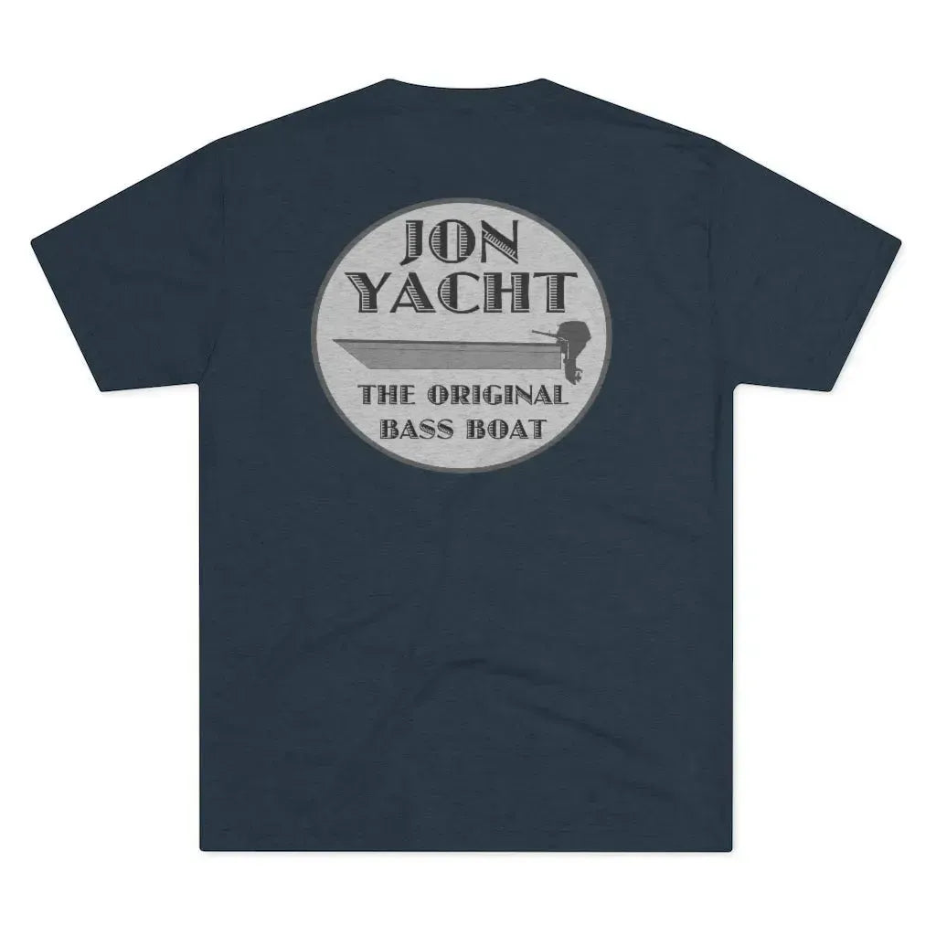 Dark navy tri-blend tee with "JON YACHT THE ORIGINAL BASS BOAT" graphic featuring a boat and outboard motor.