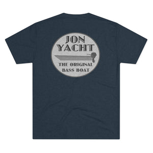 Dark navy tri-blend tee with "JON YACHT THE ORIGINAL BASS BOAT" graphic featuring a boat and outboard motor.