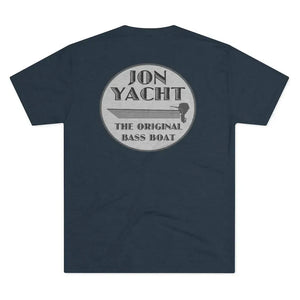 Dark navy tri-blend tee with "JON YACHT THE ORIGINAL BASS BOAT" graphic featuring a boat and outboard motor.