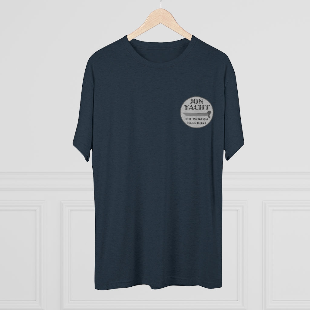 Navy tri-blend tee with "Jon Yacht The Original Bass Boat" logo on the left chest.