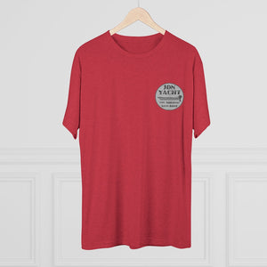 Red tri-blend regular fit tee with a gray "Jon Yacht The Original Bass Boat" logo on the left chest.