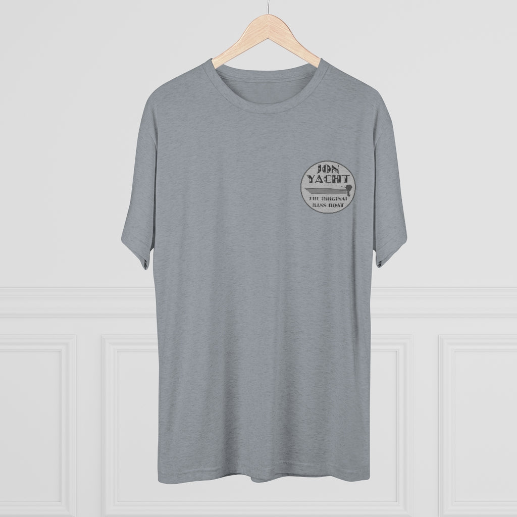 Heather grey tri-blend tee with "Jon Yacht The Original Bass Boat" logo on the left chest.