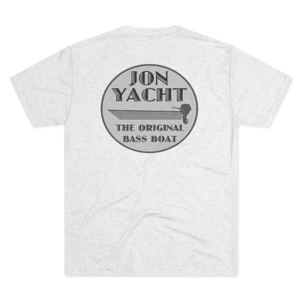 Light gray tri-blend tee with "JON YACHT THE ORIGINAL BASS BOAT" graphic on the back.