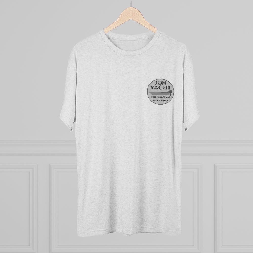 Light gray tri-blend tee with "JON YACHT THE ORIGINAL BASS BOAT" logo on the left chest.