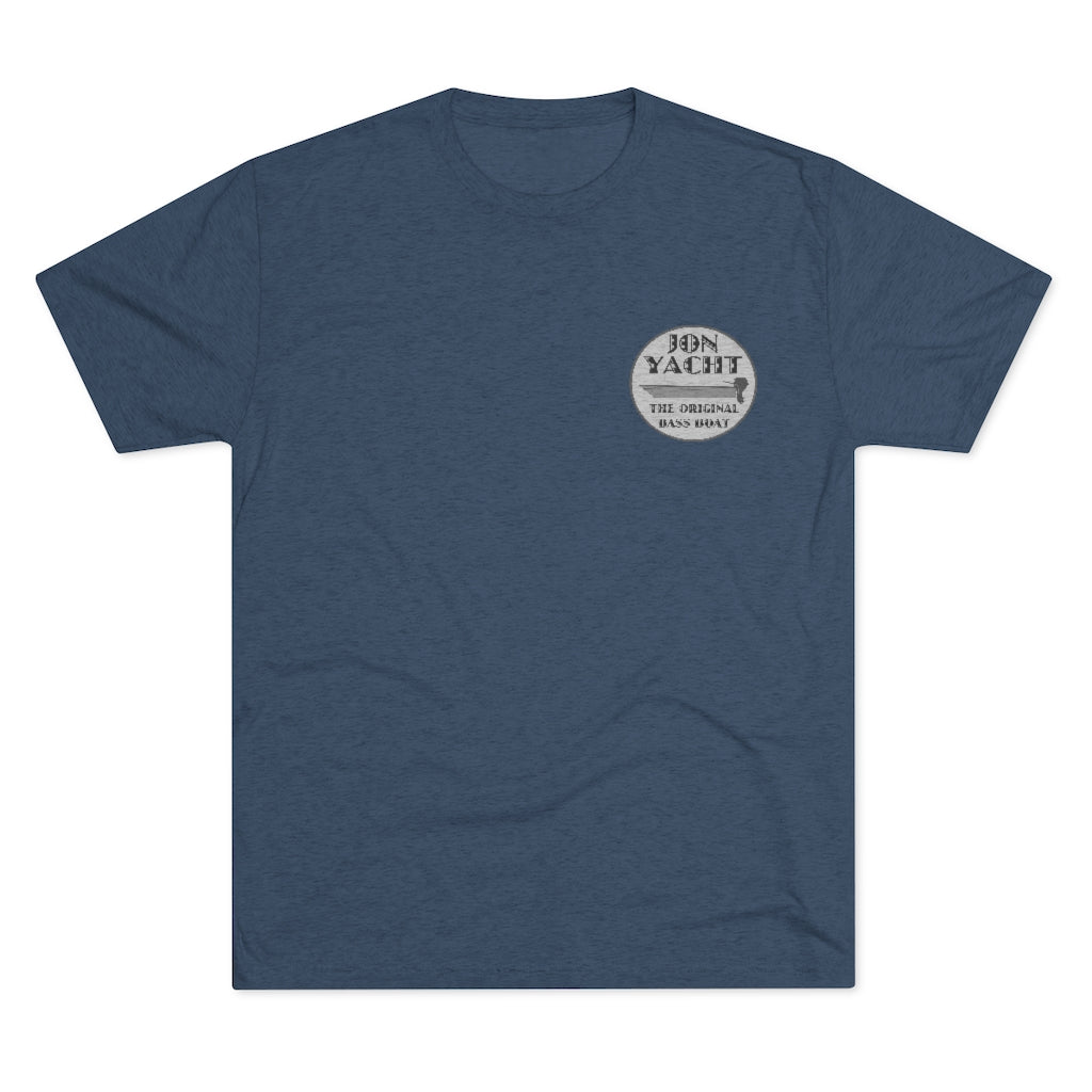 Heather blue tri-blend regular fit t-shirt with a distressed "Jon Yacht The Original Bass Boat" logo.