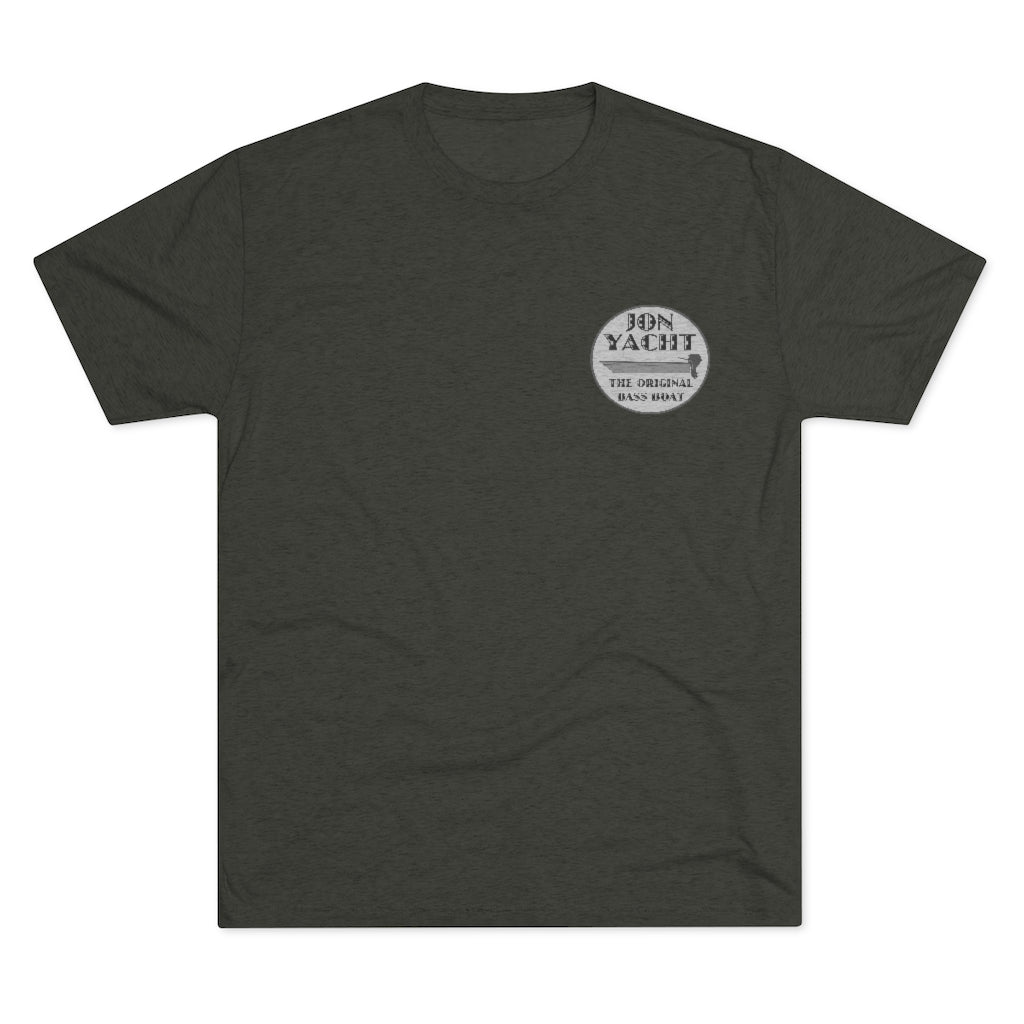 Dark gray tri-blend regular fit t-shirt with "Jon Yacht The Original Bass Boat" logo.