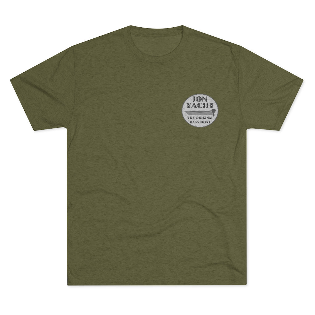 Olive green tri-blend regular fit tee with "Jon Yacht The Original Bass Boat" circular logo.