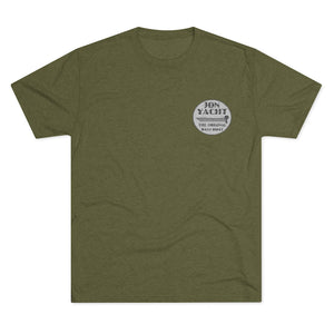 Olive green tri-blend regular fit tee with "Jon Yacht The Original Bass Boat" circular logo.