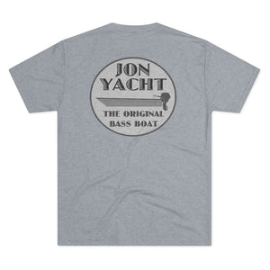 Gray tri-blend tee with "Jon Yacht The Original Bass Boat" graphic on back.