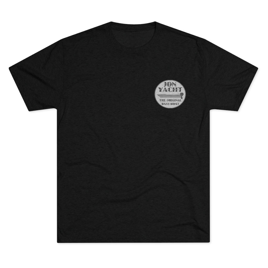 Black tri-blend regular fit tee with "Jon Yacht The Original Bass Boat" graphic.