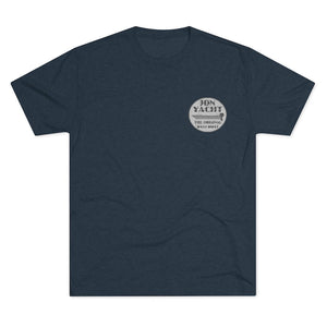 Dark navy tri-blend tee with "Jon Yacht The Original Bass Boat" circular logo.