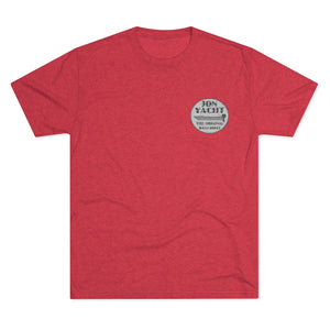 Red tri-blend regular fit t-shirt with "Jon Yacht The Original Bass Boat" logo on the left chest.