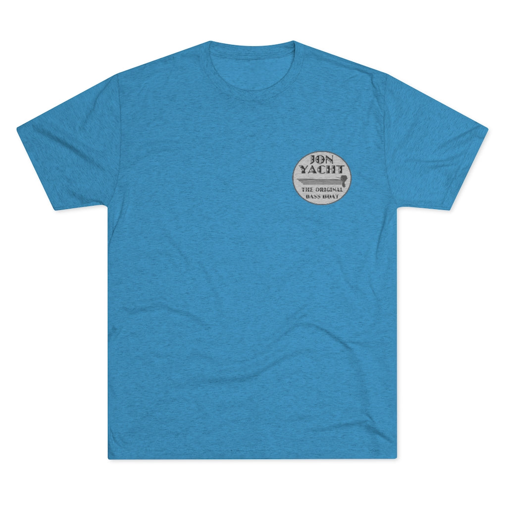 Blue tri-blend regular fit t-shirt with "Jon Yacht The Original Bass Boat" logo on the left chest.