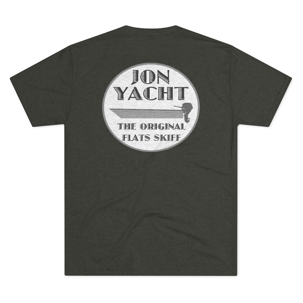 Charcoal grey t-shirt with "ION YACHT THE ORIGINAL FLATS SKIFF" logo featuring a skiff boat.