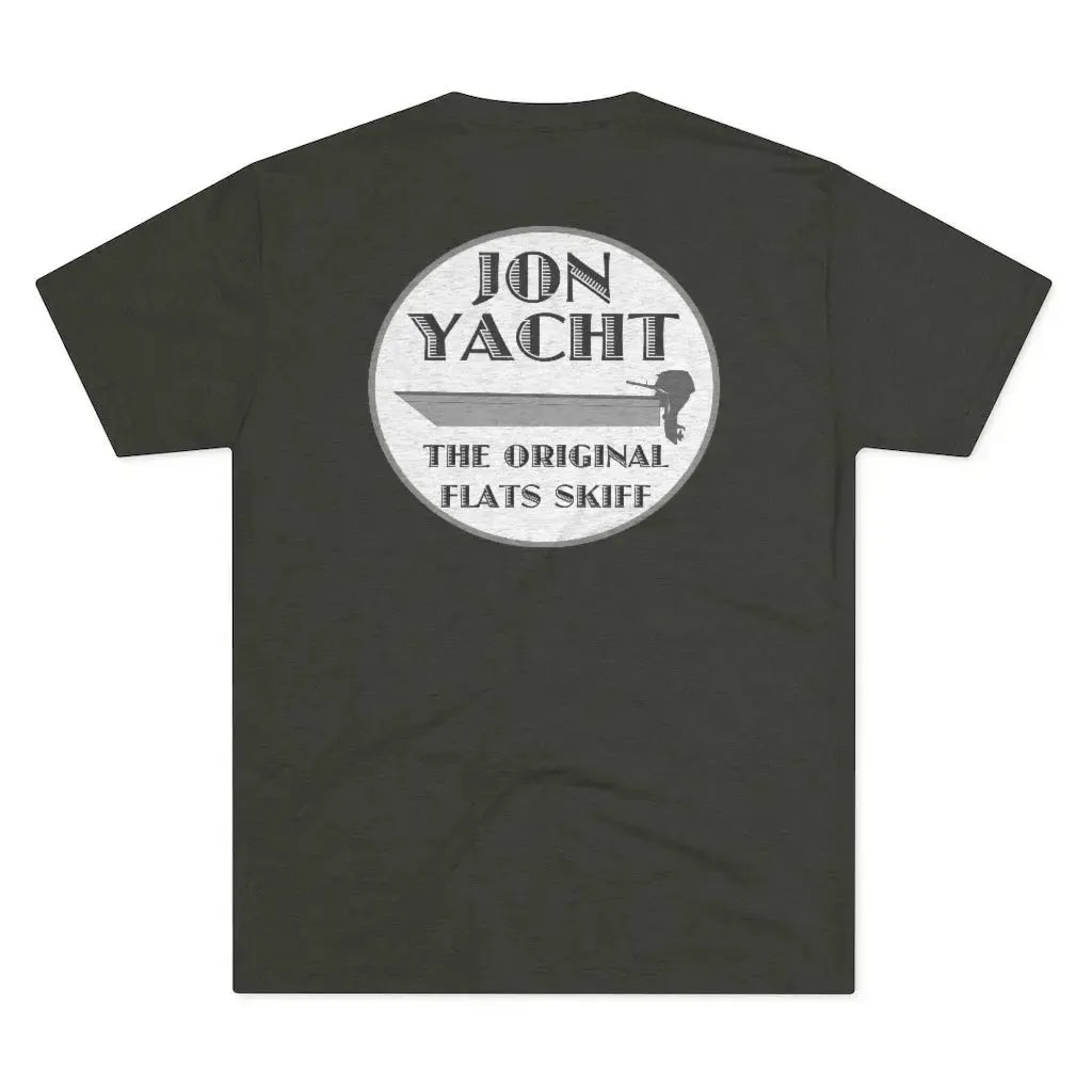 Charcoal grey t-shirt with "ION YACHT THE ORIGINAL FLATS SKIFF" logo featuring a skiff boat.