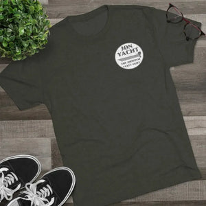 Dark gray "The Original Flats Skiff" t-shirt with a white circular logo, shown flat.