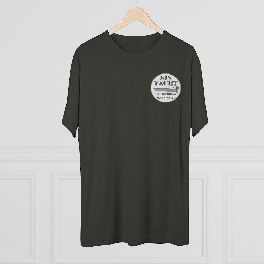 Dark grey heather t-shirt with a white "JON YACHT THE ORIGINAL FLATS SKIFF" logo on the left chest.