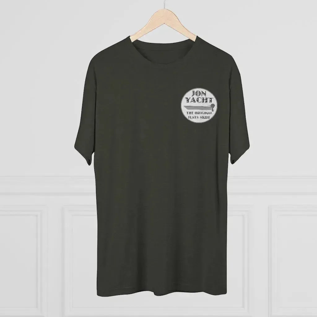 Dark grey heather t-shirt with a white "JON YACHT THE ORIGINAL FLATS SKIFF" logo on the left chest.
