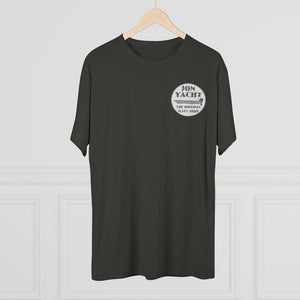 Dark grey heather t-shirt with a white "JON YACHT THE ORIGINAL FLATS SKIFF" logo on the left chest.