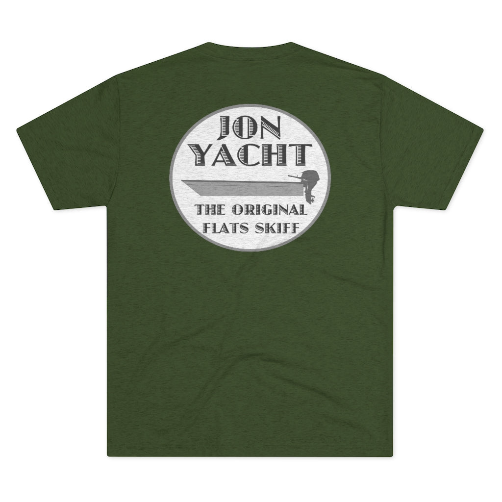 Dark green cotton t-shirt with a circular "JON YACHT THE ORIGINAL FLATS SKIFF" graphic featuring a skiff boat.
