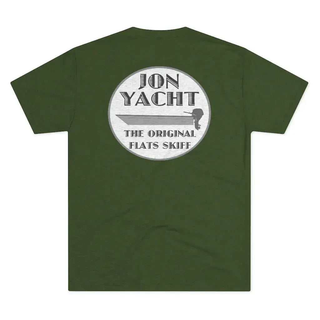 Dark green cotton t-shirt with a circular "JON YACHT THE ORIGINAL FLATS SKIFF" graphic featuring a skiff boat.