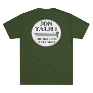 Dark green cotton t-shirt with a circular "JON YACHT THE ORIGINAL FLATS SKIFF" graphic featuring a skiff boat.