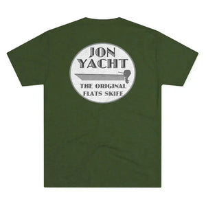 Dark green cotton t-shirt with a circular "JON YACHT THE ORIGINAL FLATS SKIFF" graphic featuring a skiff boat.