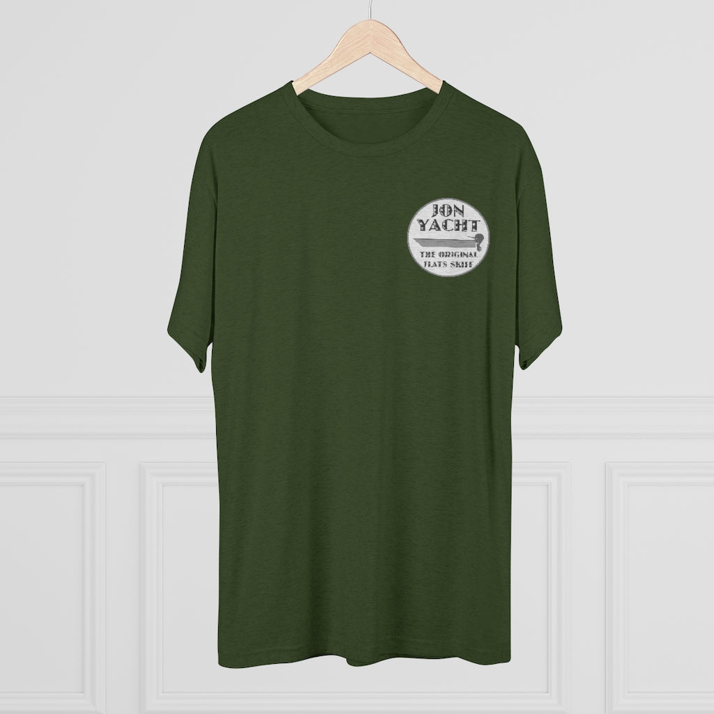Dark olive green t-shirt with "JON YACHT THE ORIGINAL FLATS SKIFF" logo on the left chest.