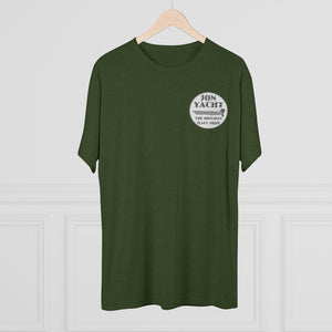 Dark olive green t-shirt with "JON YACHT THE ORIGINAL FLATS SKIFF" logo on the left chest.