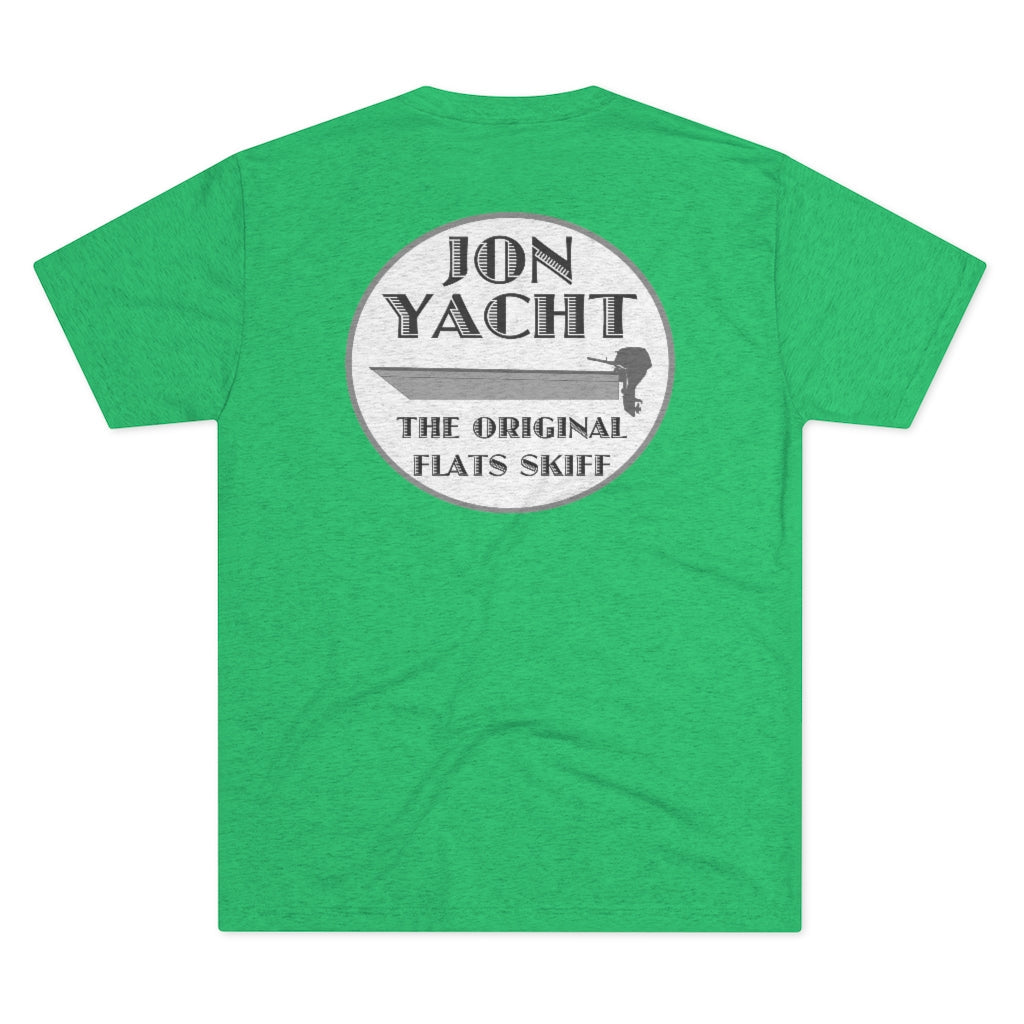 Green soft cotton t-shirt with "ION YACHT THE ORIGINAL FLATS SKIFF" boat graphic on the back.