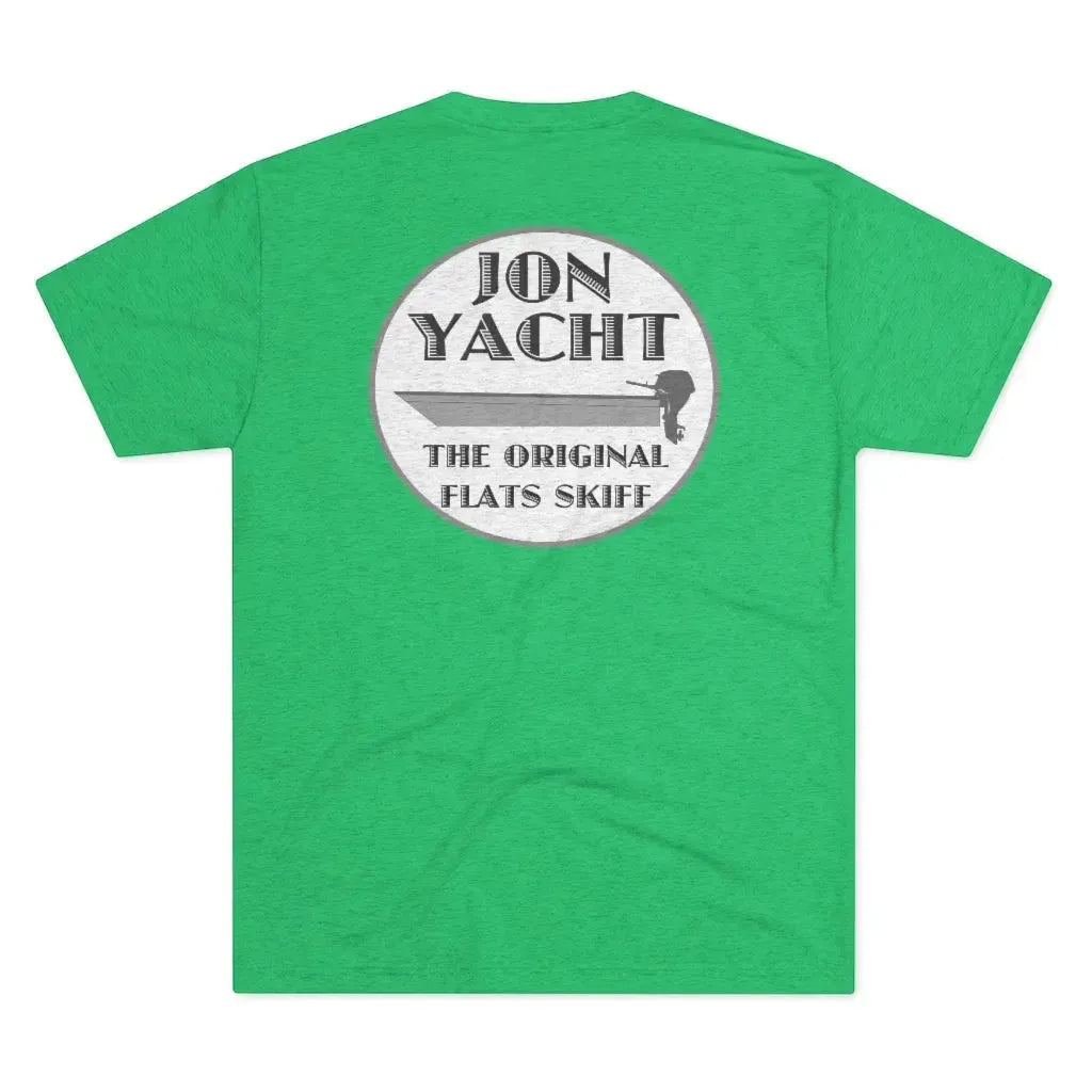 Green soft cotton t-shirt with "ION YACHT THE ORIGINAL FLATS SKIFF" boat graphic on the back.