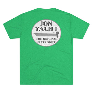 Green soft cotton t-shirt with "ION YACHT THE ORIGINAL FLATS SKIFF" boat graphic on the back.