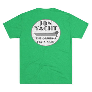 Green soft cotton t-shirt with "ION YACHT THE ORIGINAL FLATS SKIFF" boat graphic on the back.