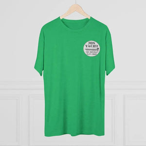 Green heather t-shirt with "JON YACHT THE ORIGINAL FLATS SKIFF" logo on the left chest.