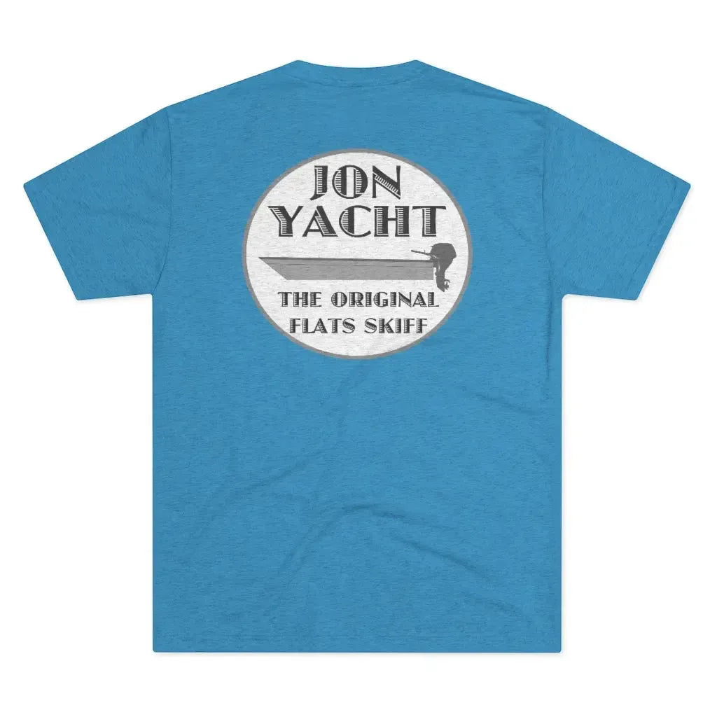 Blue soft cotton t-shirt with "Jon Yacht The Original Flats Skiff" boat graphic on the back.