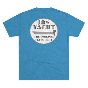 Blue soft cotton t-shirt with "Jon Yacht The Original Flats Skiff" boat graphic on the back.