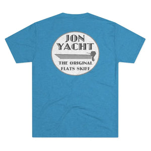 Blue soft cotton t-shirt with "Jon Yacht The Original Flats Skiff" boat graphic on the back.
