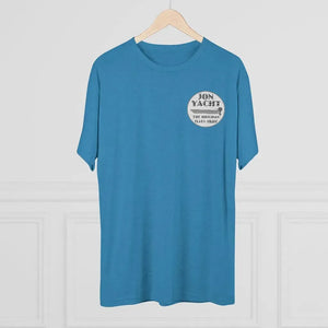 Blue heather soft cotton t-shirt with "JON YACHT THE ORIGINAL FLATS SKIFF" logo on the left chest.