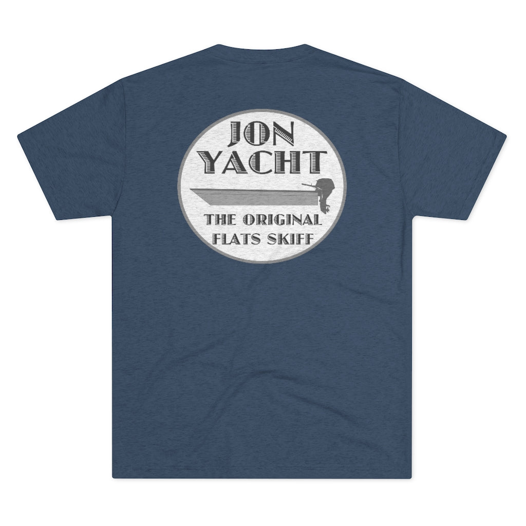 Navy blue soft cotton t-shirt with a "Jon Yacht The Original Flats Skiff" boat graphic on the back.