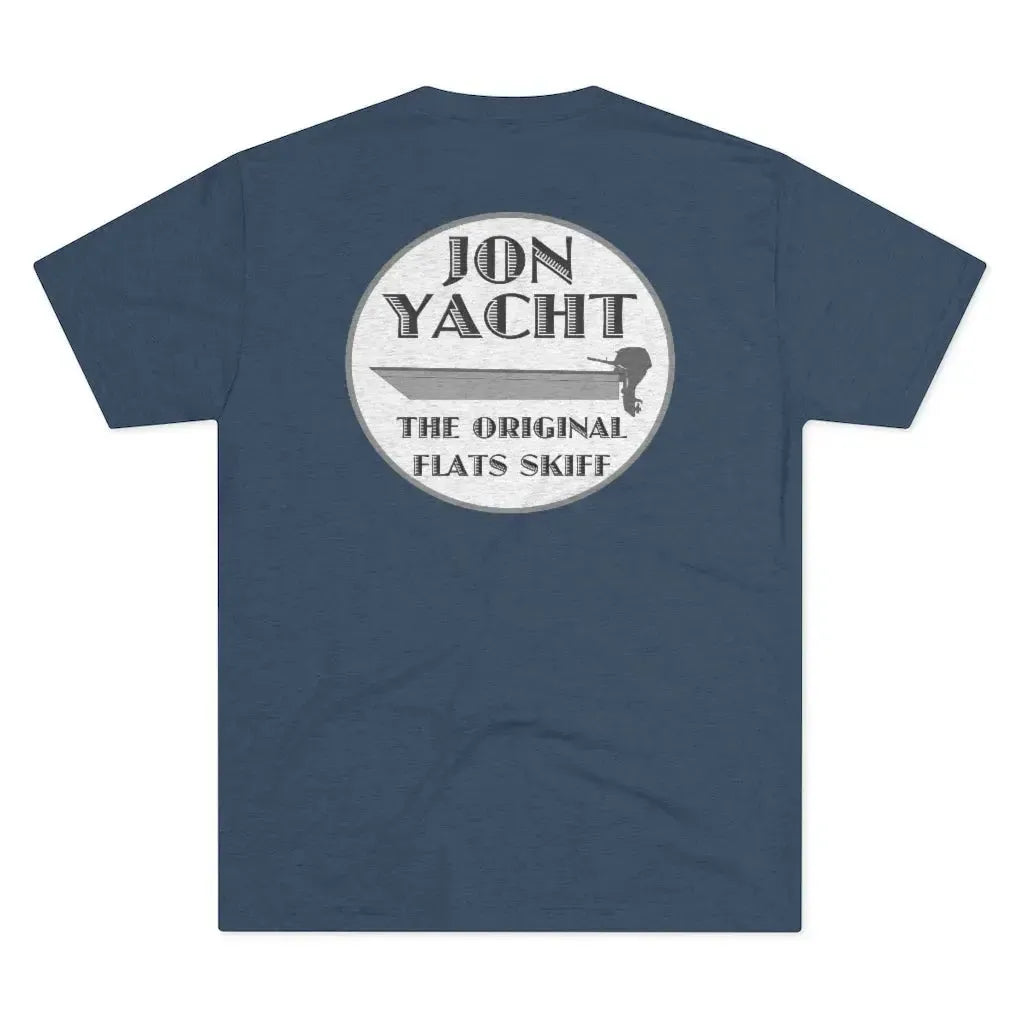 Navy blue soft cotton t-shirt with a "Jon Yacht The Original Flats Skiff" boat graphic on the back.