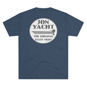 Navy blue soft cotton t-shirt with a "Jon Yacht The Original Flats Skiff" boat graphic on the back.