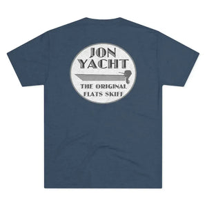 Navy blue soft cotton t-shirt with a "Jon Yacht The Original Flats Skiff" boat graphic on the back.