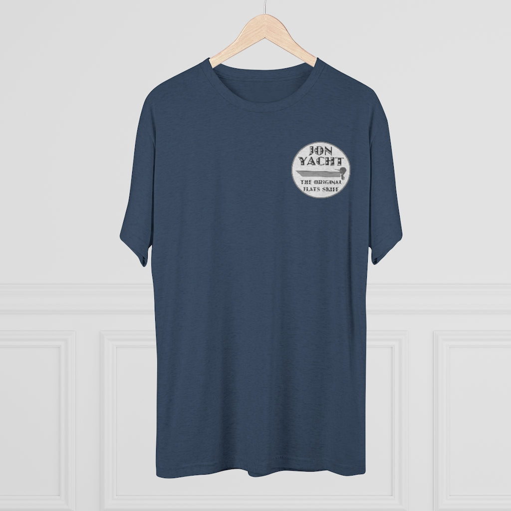 Navy blue "Jon Yacht The Original Flats Skiff" graphic tee on a wooden hanger.