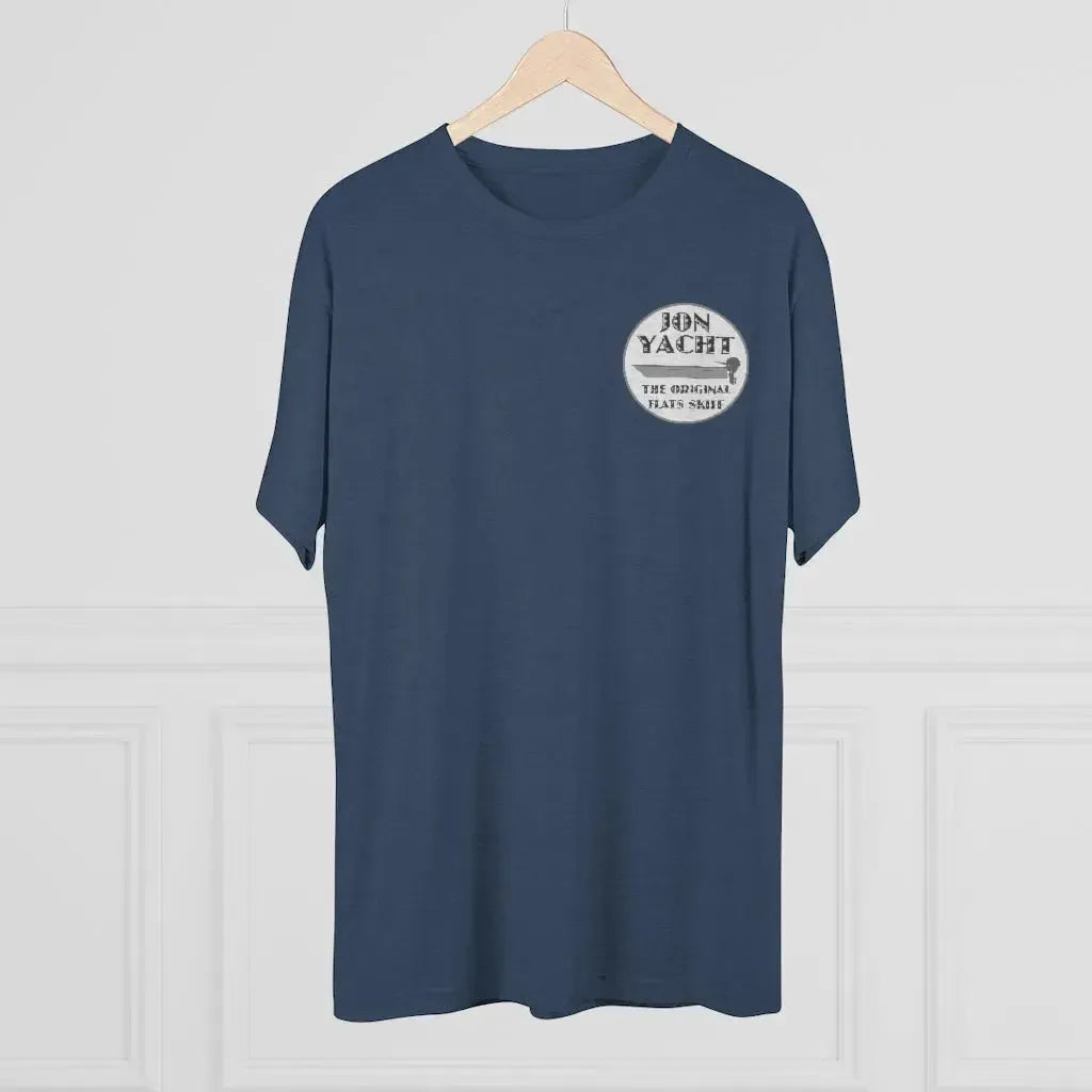 Navy blue "Jon Yacht The Original Flats Skiff" graphic tee on a wooden hanger.